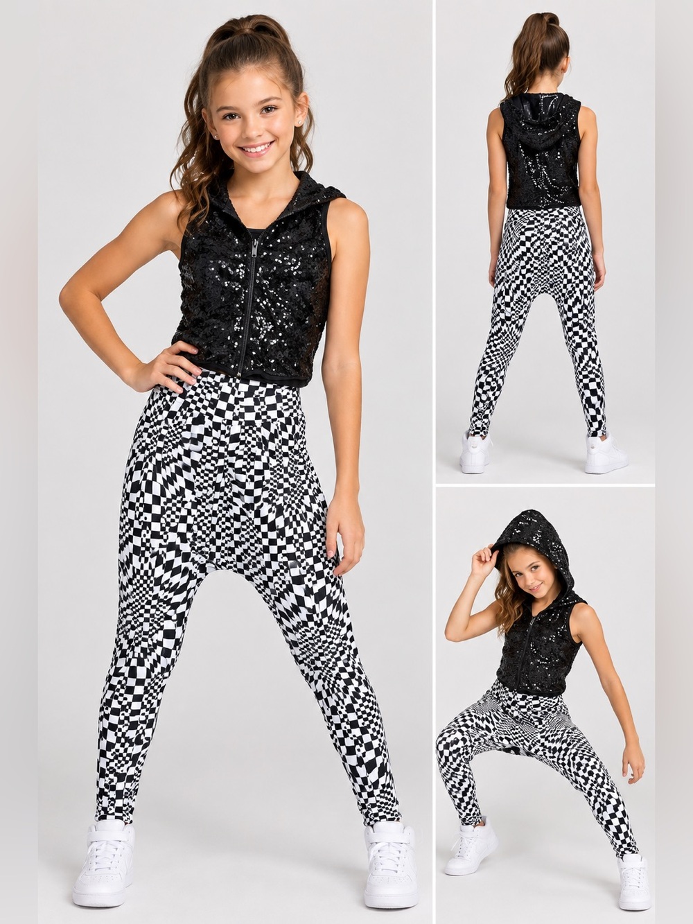 Kids Medium Hip Hop Dance Costume Black Sequin Hoodie Checkerboard Pants